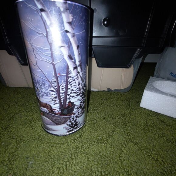 Lighted Scenic Snowy Church & Horse Drawn Sleigh Hurricane Lamp - New - Picture 2 of 4